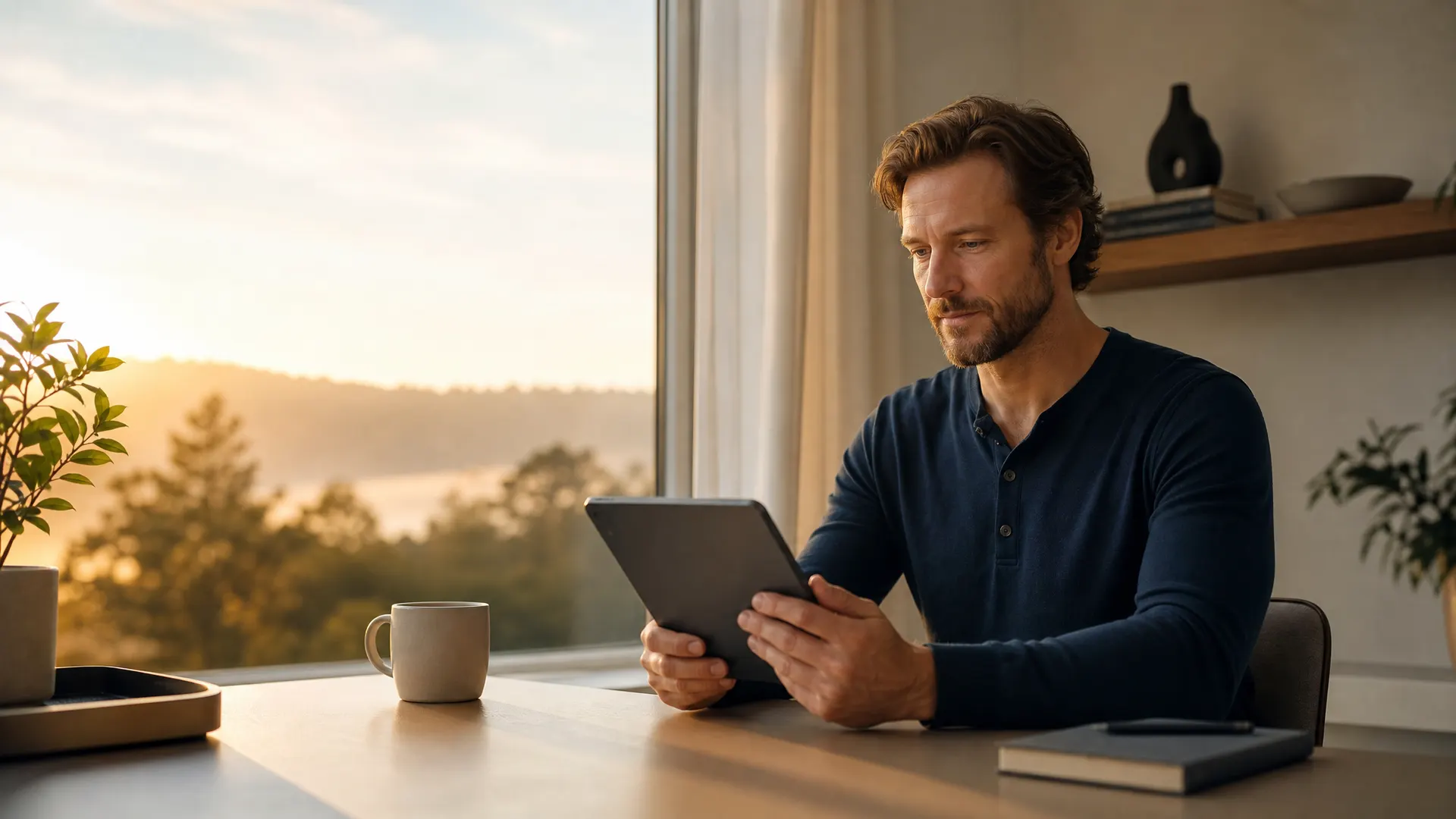 A man begins his intake on a tablet at a dawn-lit desk